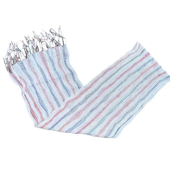 White Striped Fringed Scarf with Shimmery Silver Threads L66" W9" Fringe 3" - Picture 3 of 8